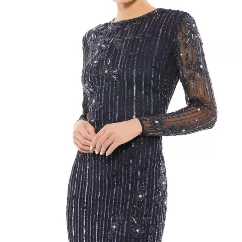 Mac Duggal Navy Beaded Long-Sleeve Evening Gown Sz 8 NWT
